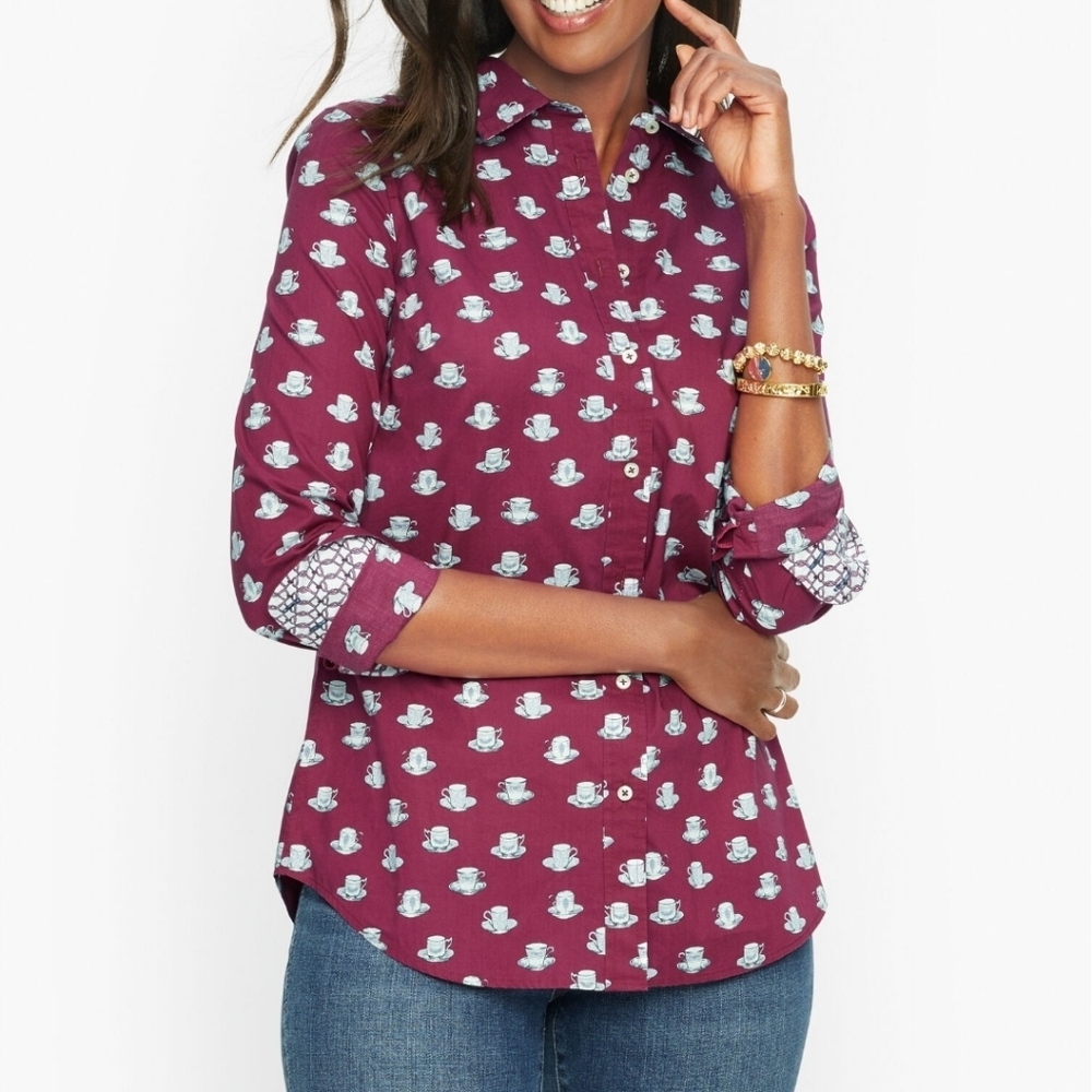 Talbots Tea Time Button-up Shirt Medium red white tea/coffee cups long sleeve